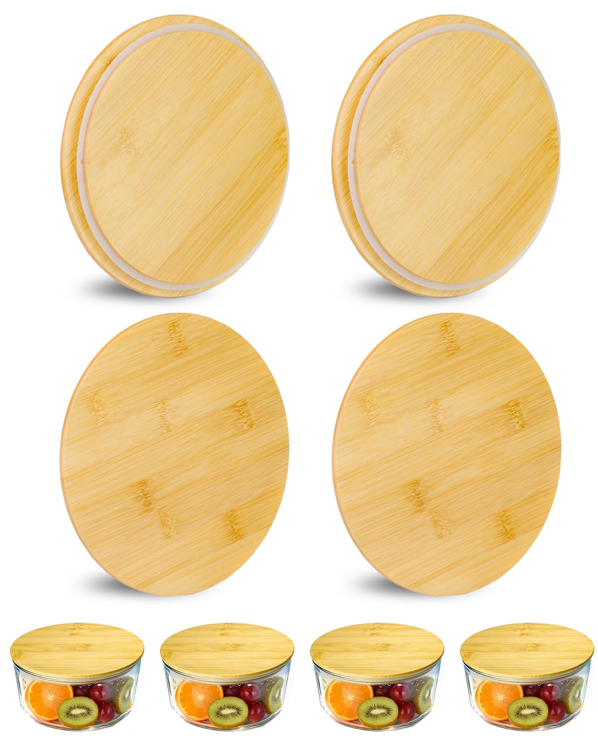 TERESRY Replacement Wooden Lids for Pyrex, Anchor Hocking Glass Containers 7402-PC*4, Bamboo Lids for Pyrex 7Cup Glass Bowls, Bowl Covers with Leakproof 4 Pack