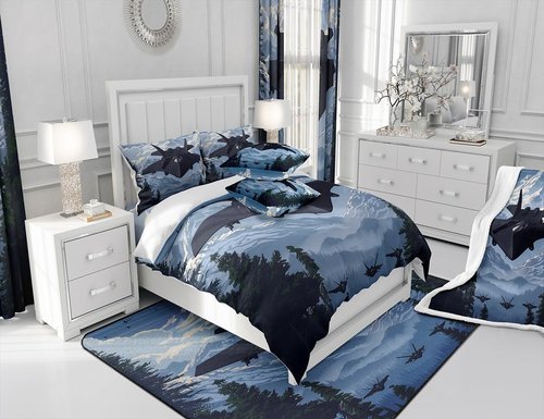 Manfei Modern Airplane Twin Size Comforter Set for All Seasons,Military Black Fighter Plane Aircraft Bedding Set Bedroom Decor,Snowy Mount Pines Trees Nature Paint Comforter Inner Fill with 1 Pillow