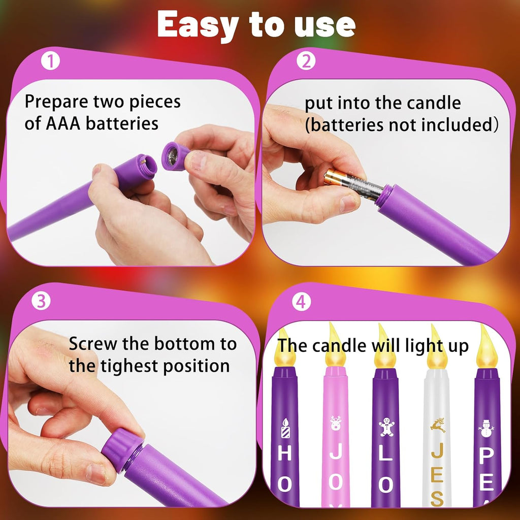 RGQSUN Flameless Advent Candles - Set of 5 Battery Operated Flickering Taper Candles for Christmas Decor