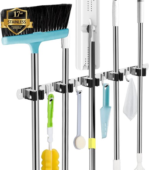 AceMining Mop and Broom Holder - 5 Racks & 4 Heavy-Duty Hooks | Wall-Mounted Organizer for Home & Garage