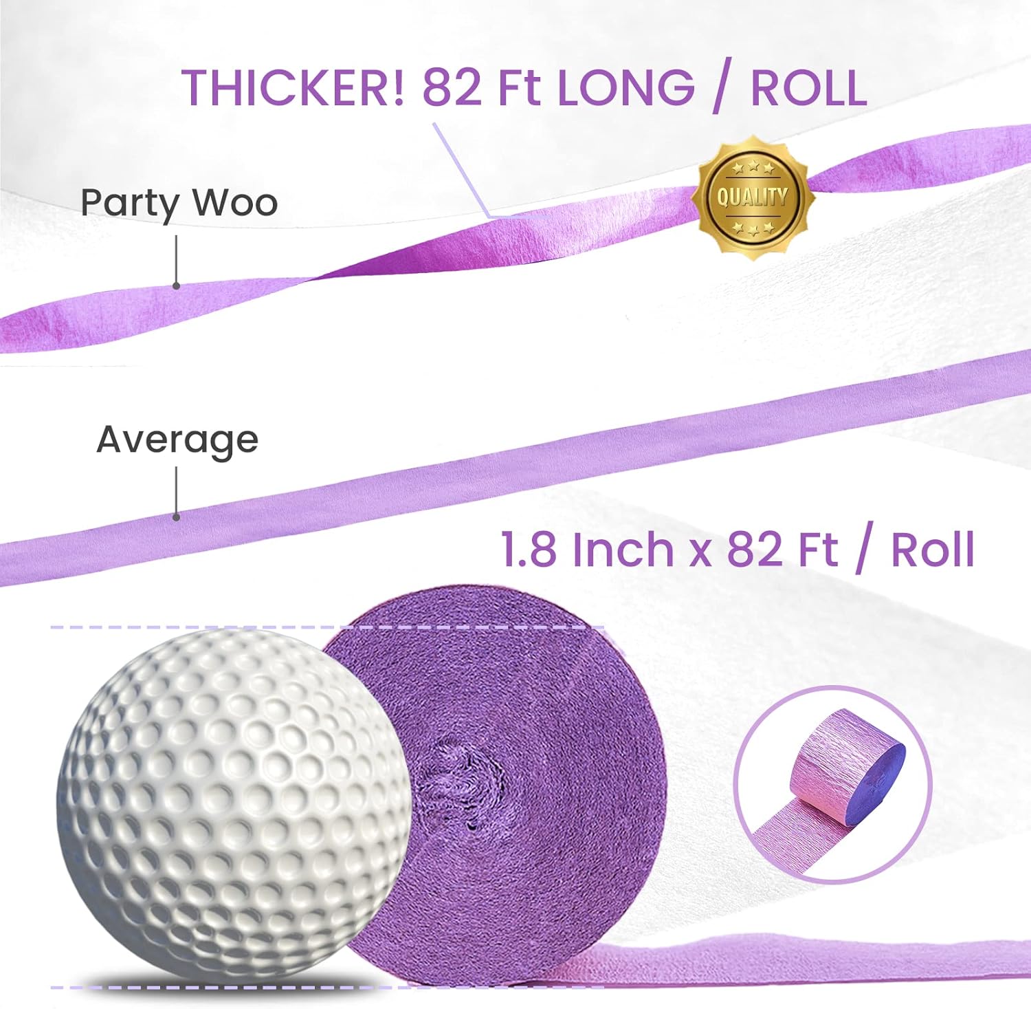PartyWoo Purple Crepe Paper Streamers - 6pcs 492ft for Birthday & Graduation Decorations | Light & Dark Purple, Lavender, White, Silver