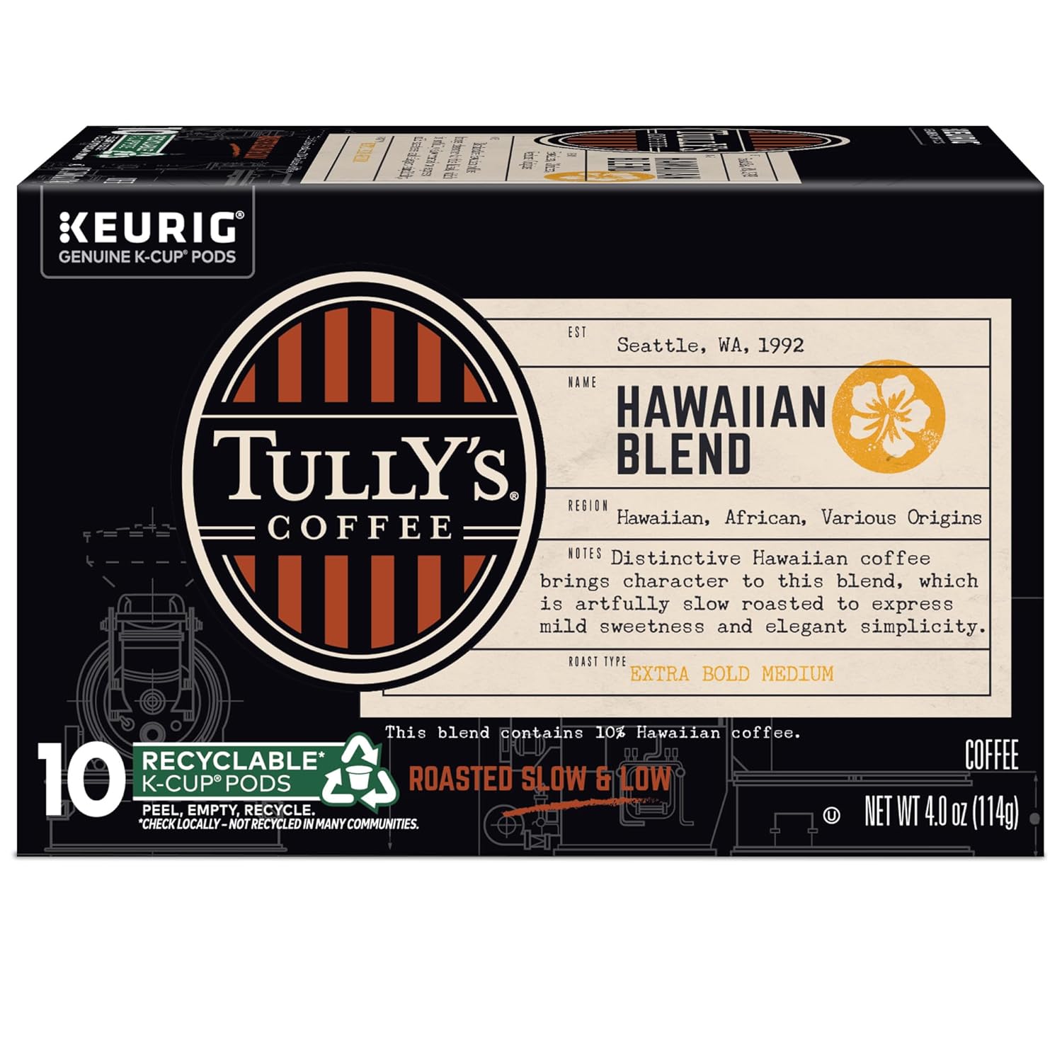 Tully's Coffee Hawaiian Blend K-Cup Pods - Medium Roast, 60 Count (6 Packs of 10)