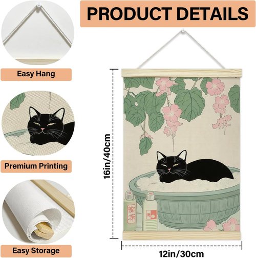 LETUROIA Japanese Cat Bathroom Poster Frame - Black Cat Aesthetic Canvas Wall Art (12x16") for Home Spa Decor