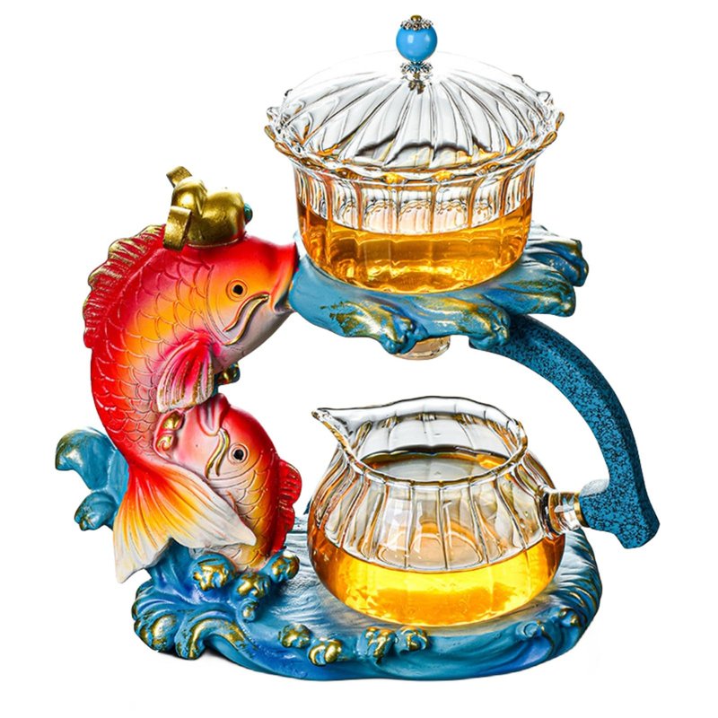 MOZEO Creative Full Semi-automatic Tea Set Glass Lazy Kung Fu Teacup set Heat-resistant Tea Maker Pot Teapot (Fish Teapot)