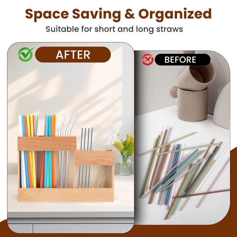 Reusable Wooden Straw Dispenser Organizer with 2-Sided Adhesive - Cabinet & Countertop Storage for Metal/Glass Straws, Compatible with Long & Short Straws