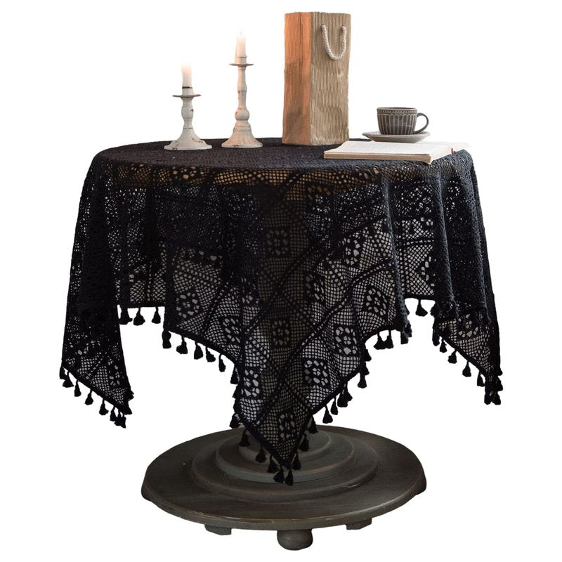apott Crochet Lace Tablecloth with Tassel Round Table Cover for Kitchen Dinning Wedding Party Decoration Black 24x24 Inch