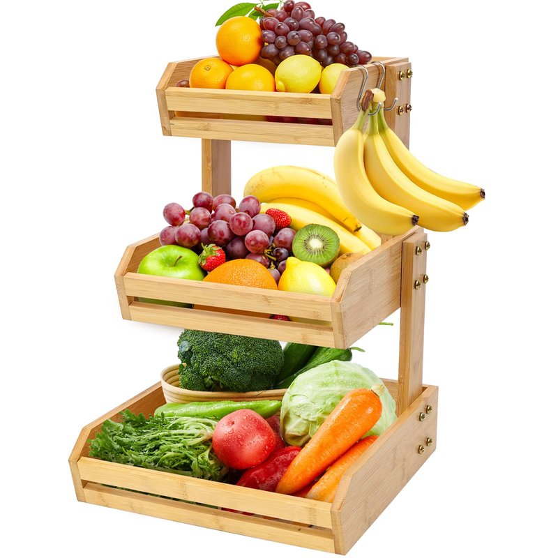 KISENG Bamboo 3 Tier Fruit Basket Stand for Kitchen Counter, Tiered Wooden Large Countertop Vegetable Fruit Holder with Banana Hook, Black