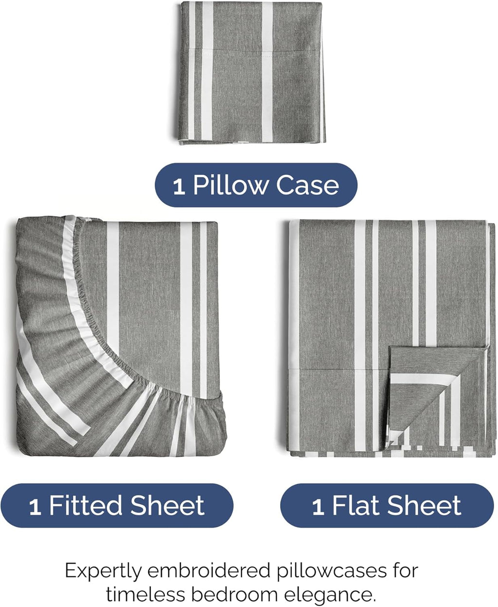 Skiennix Twin Size 3-Piece Sheet Set - Comfy Cooling Bed Sheets with Deep Pockets - Grey Stripes
