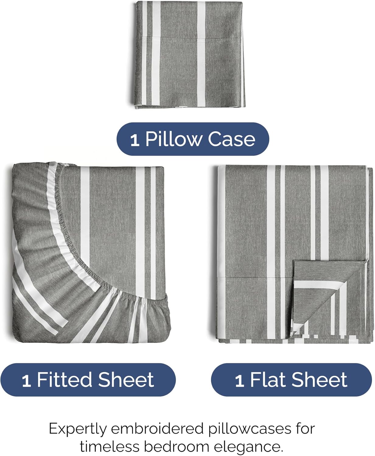 Skiennix Twin Size 3-Piece Sheet Set - Comfy Cooling Bed Sheets with Deep Pockets - Grey Stripes