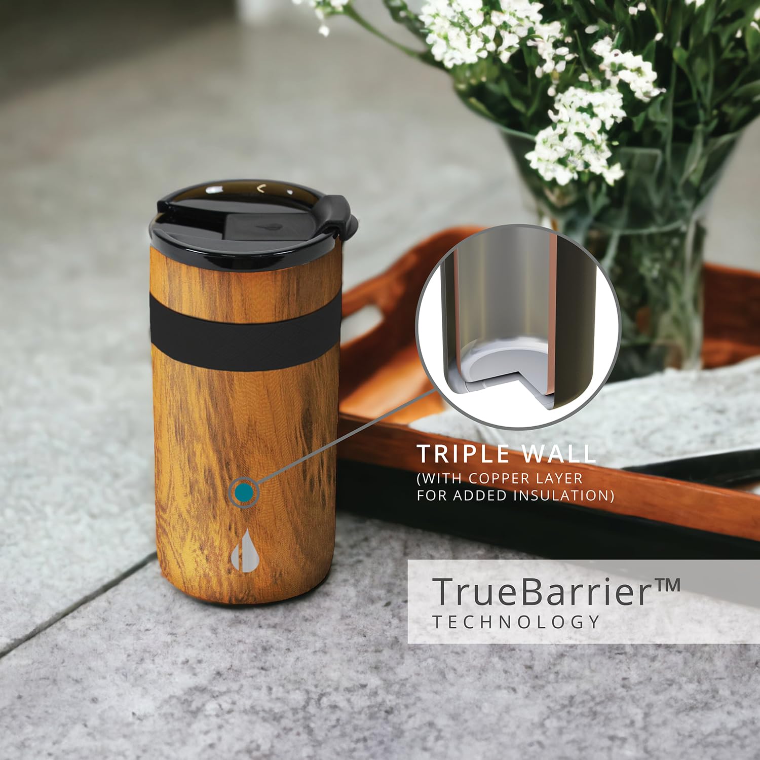 Elemental Duo-Sip 2 in 1 12oz Coffee Tumbler - Leak Proof Tumbler with Flip Lid for Slim Can Cooler - Triple Wall Insulated Tumblers for Hard Seltzer, Hot & Cold Beverages - Teakwood