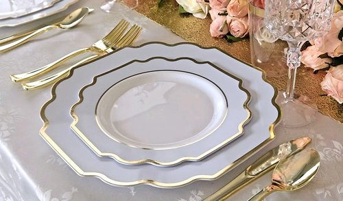" OCCASIONS " 40 Plates Pack, Heavyweight Disposable Wedding Party Plastic Plates (10.5'' Dinner Plate, Imperial in White/Blue & Gold)