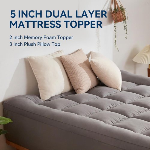 BDEUS 5-Inch Queen Memory Foam Mattress Topper - Dual Layer Gel & Down Alternative Pillow Top, Dark Gray