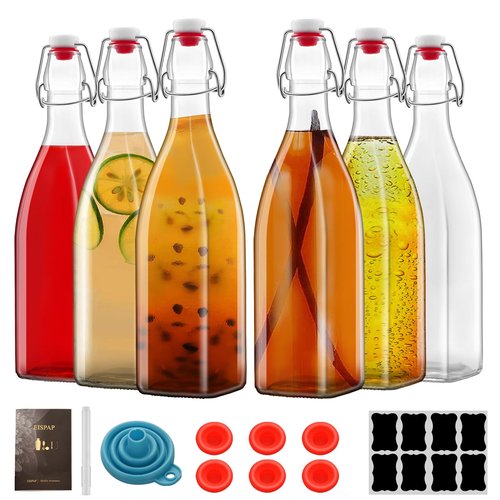 eispap 6 Pack 25oz Square Swing Top Glass Bottles, 750ML Bottles with Airtight Stoppers for Kombucha, Kefir, Vanilla Extract, Beer(Bonus Gaskets, Labels and Funnel)