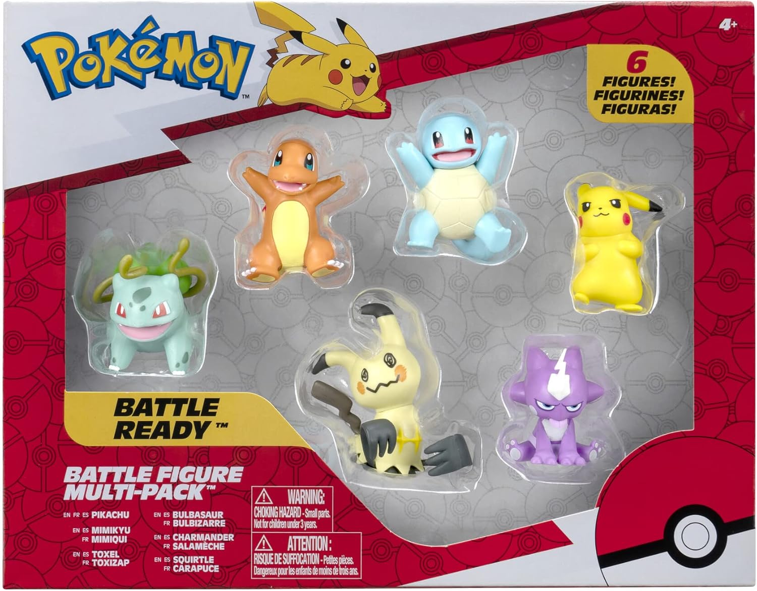Pokémon Battle Figure 6-Pack | 2-Inch Pikachu, Squirtle, Charmander, Bulbasaur, Mimikyu & Toxel - Authentic Design