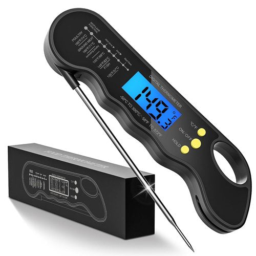 Instant Read Meat Thermometer - Fast, Accurate Digital Cooking Thermometer with Magnet & Backlight (Black)