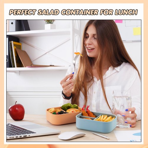 Layhit 2 Pcs Silicone Bento Box for Adults, 27 oz Bento Lunch Container Reusable 3 Compartment Lunchable Food Container for Women Men, Leak Proof Microwave Dishwasher Freezer Safe (Orange, Gray Blue)