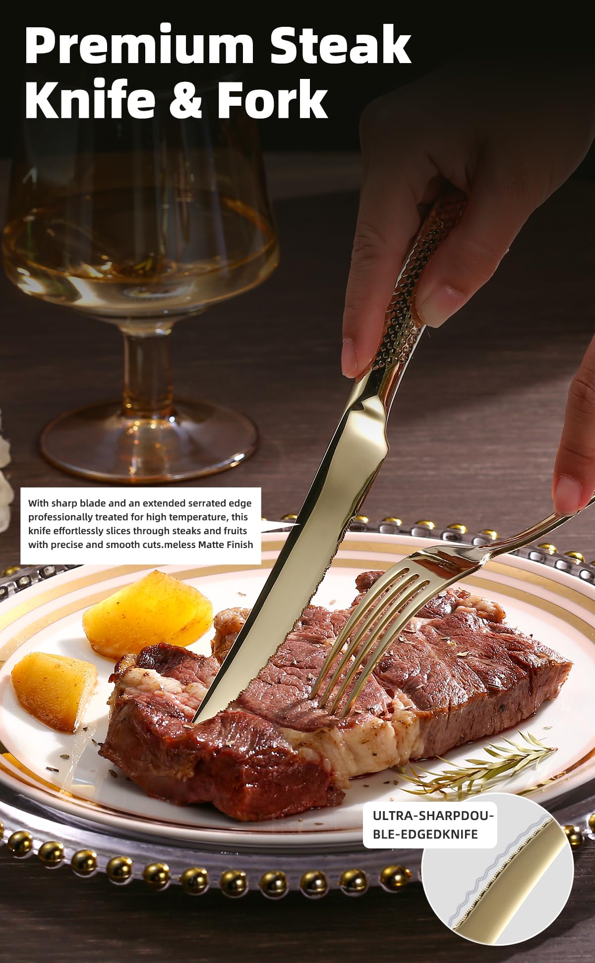 Champagne Gold Silverware Set, 20-Piece Stainless Steel Flatware Set with Steak Knives for 4, Food-Grade Tableware Cutlery Set, Utensil Sets for Home Restaurant, Mirror Finish, Dishwasher Safe