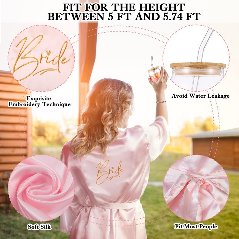 Irenare 8 Pcs Bride Gifts Set for Bridal Shower Bachelorette Party Robe Cup Makeup Bag Bracelet Scrunchies Card Pen Gift Box(Pink)