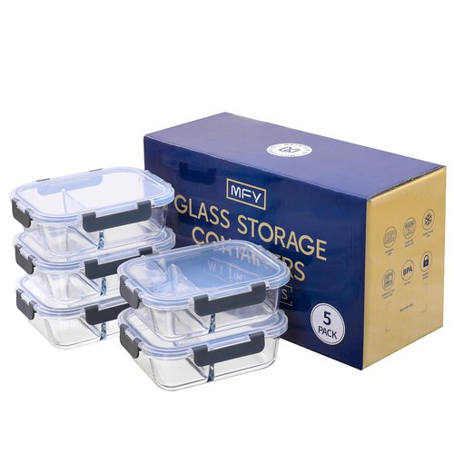 MFY 5-Pack 36 OZ Glass Storage Containers with Lids - 2 Compartment Meal Prep Set, Airtight Glass Lunch Containers, Microwave, Oven, Freezer & Dishwasher Safe, Gray