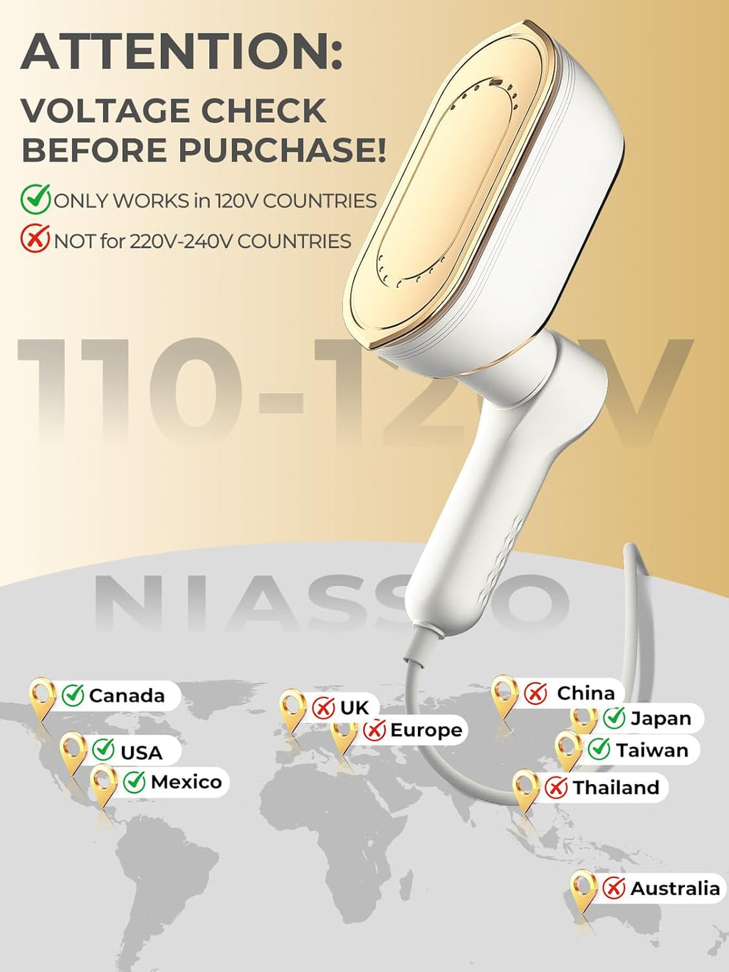 NIASSO Portable Travel Steamer - 1200W Handheld Fabric Steamer with LCD Display | 150ml Tank, Fast Heat-Up, 4 Modes