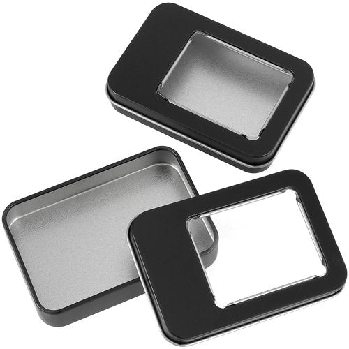 FUNSUEI Metal Tin Box Clear Top, Rectangular Empty Storage Tins 20 Pack 3.4 x 2.3 x 0.7 Inches, Metal Tin Box Clear Top Tins for Candies, Gifts, Balms, and Small Crafts (Black)