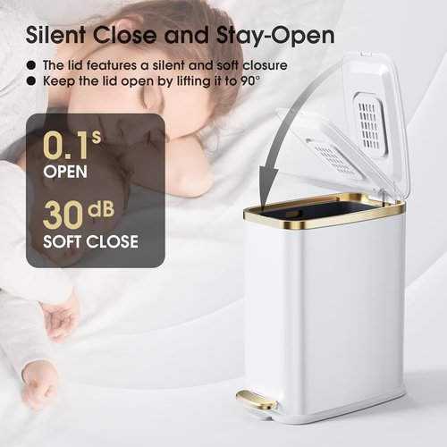 CEROELDA Stainless Steel Small Bathroom Trash Can with Lid - Soft Close 5L/1.3 Gal | Slim Design for Office, Bedroom, and Toilet - White