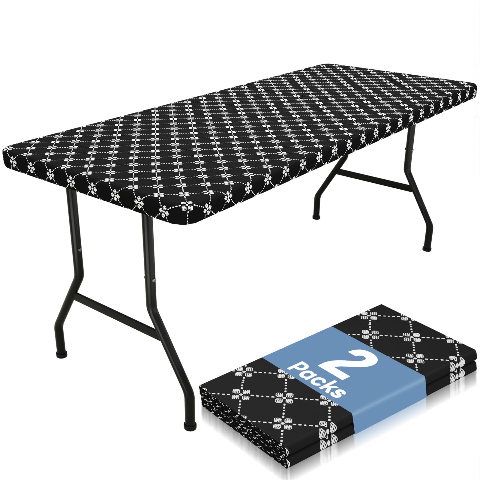 misaya 2 Pack Rectangle Vinyl Table Cloth, Elastic Fitted Tablecloth with Flannel Backing, Waterproof Plastic Table Cover Fits 8 Foot Folding Tables for Camping, Indoor and Outdoor (Black, 30" x 96")