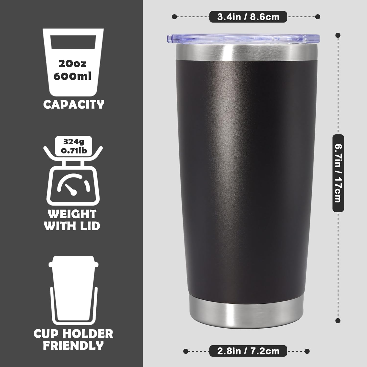 Skiennix 20oz Stainless Steel Tumbler - Vacuum Insulated Travel Mug Set | Durable Black, 8 Pack