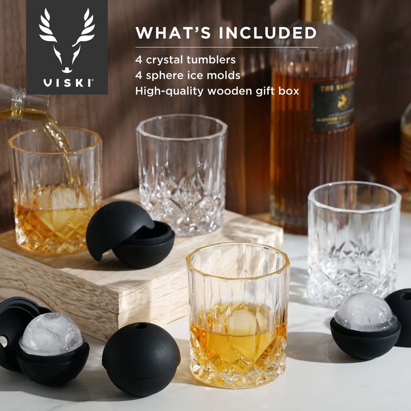 Viski Whiskey Glasses and Ice Sphere Molds Set in Wooden Gift Box, Stylish Lowball Glasses and Silicone Ice Molds, Elegant Barware for Cocktails, Margarita, Bourbon, Home Bar, Wedding Gifts, Set of 8