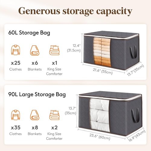 Lifewit 60L Clothes Storage Bins - Foldable Blanket Bags with Zippers & Clear Window | 2-Pack