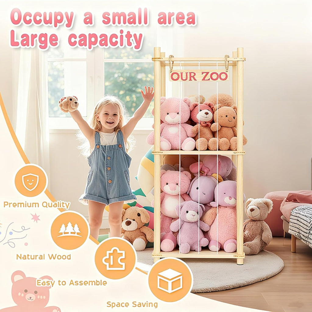 Natural Pine Wood Stuffed Animal Storage by Stuffed Animal Zoo - Space-Saving Plushie Playhouse for Kids