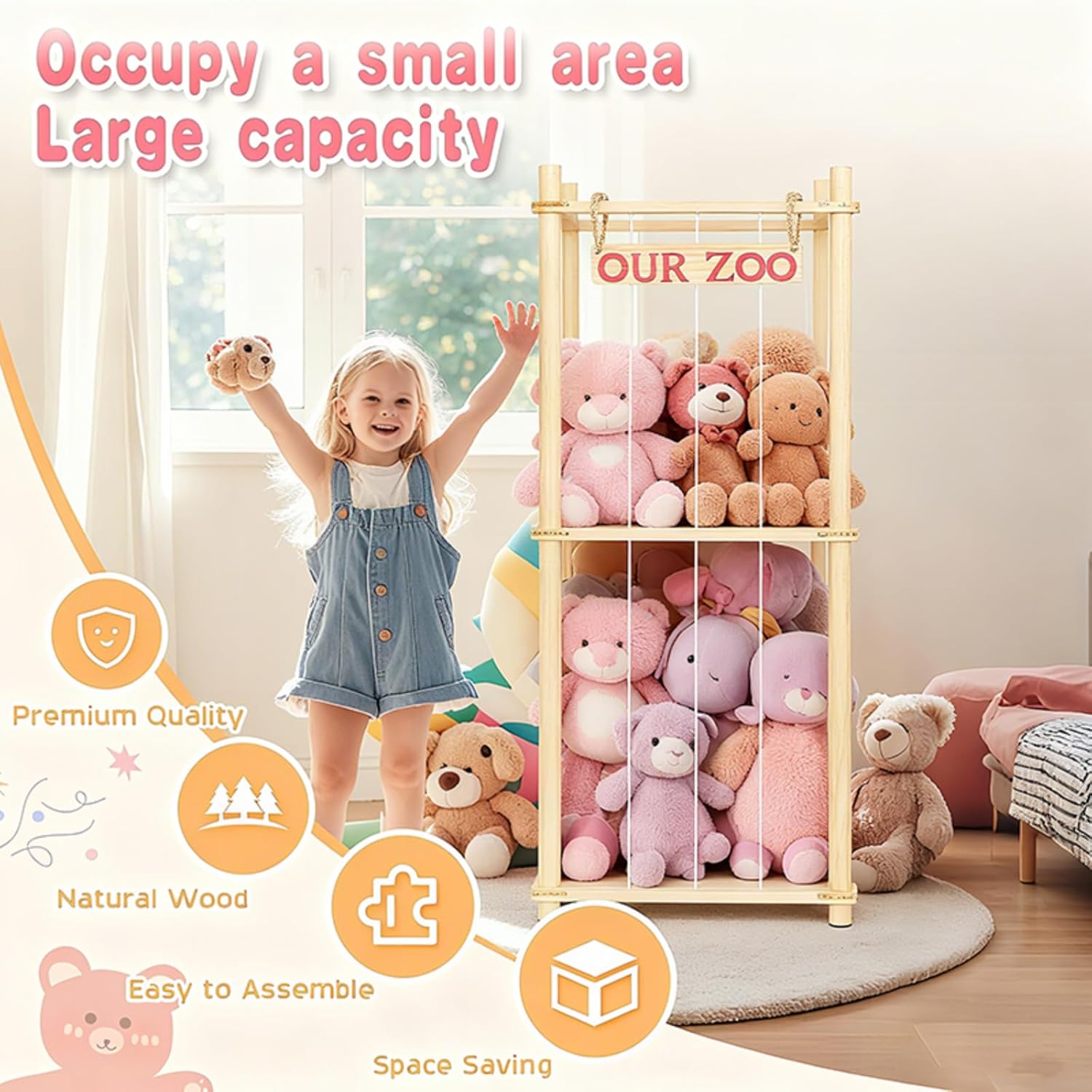 Natural Pine Wood Stuffed Animal Storage by Stuffed Animal Zoo - Space-Saving Plushie Playhouse for Kids