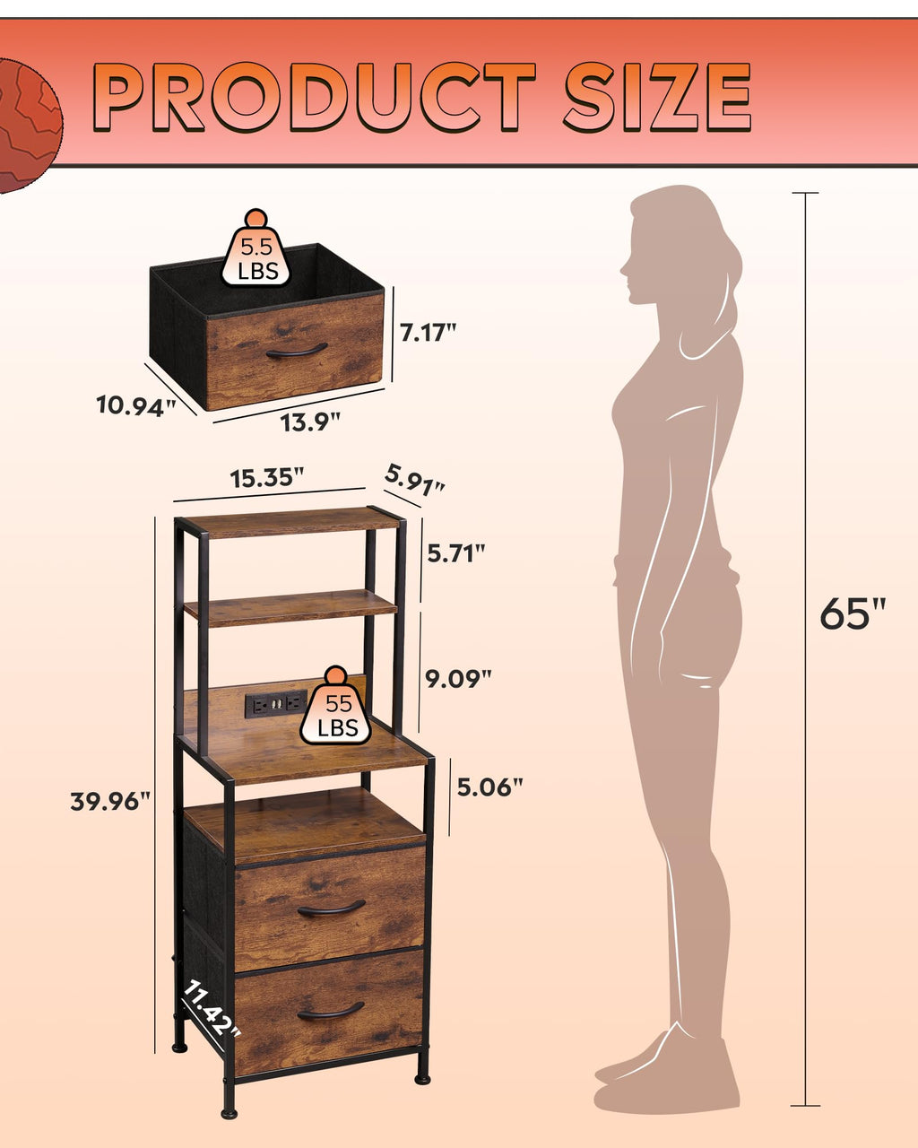 WLIVE Nightstand with Charging Station, LED Night Stand with 2 Drawers and 4 Storage Open Shelves, Fabric Dresser for Bedroom, Rustic Brown