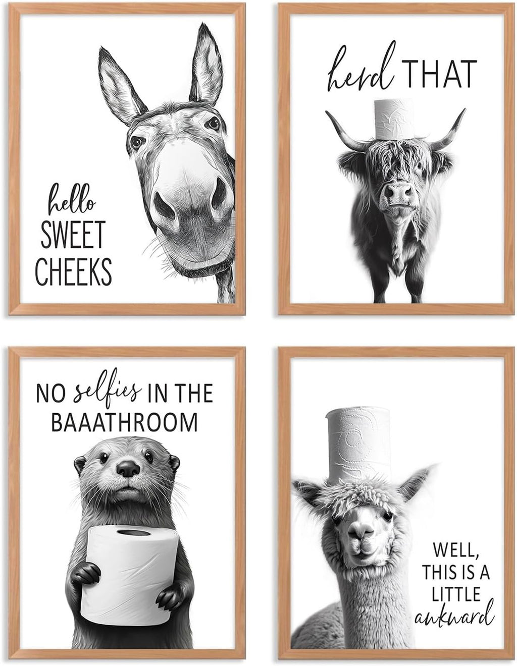 Regine Switzerland Funny Bathroom Wall Art - Rustic Black and White Animal Prints | Unframed 8x10" Set of 4