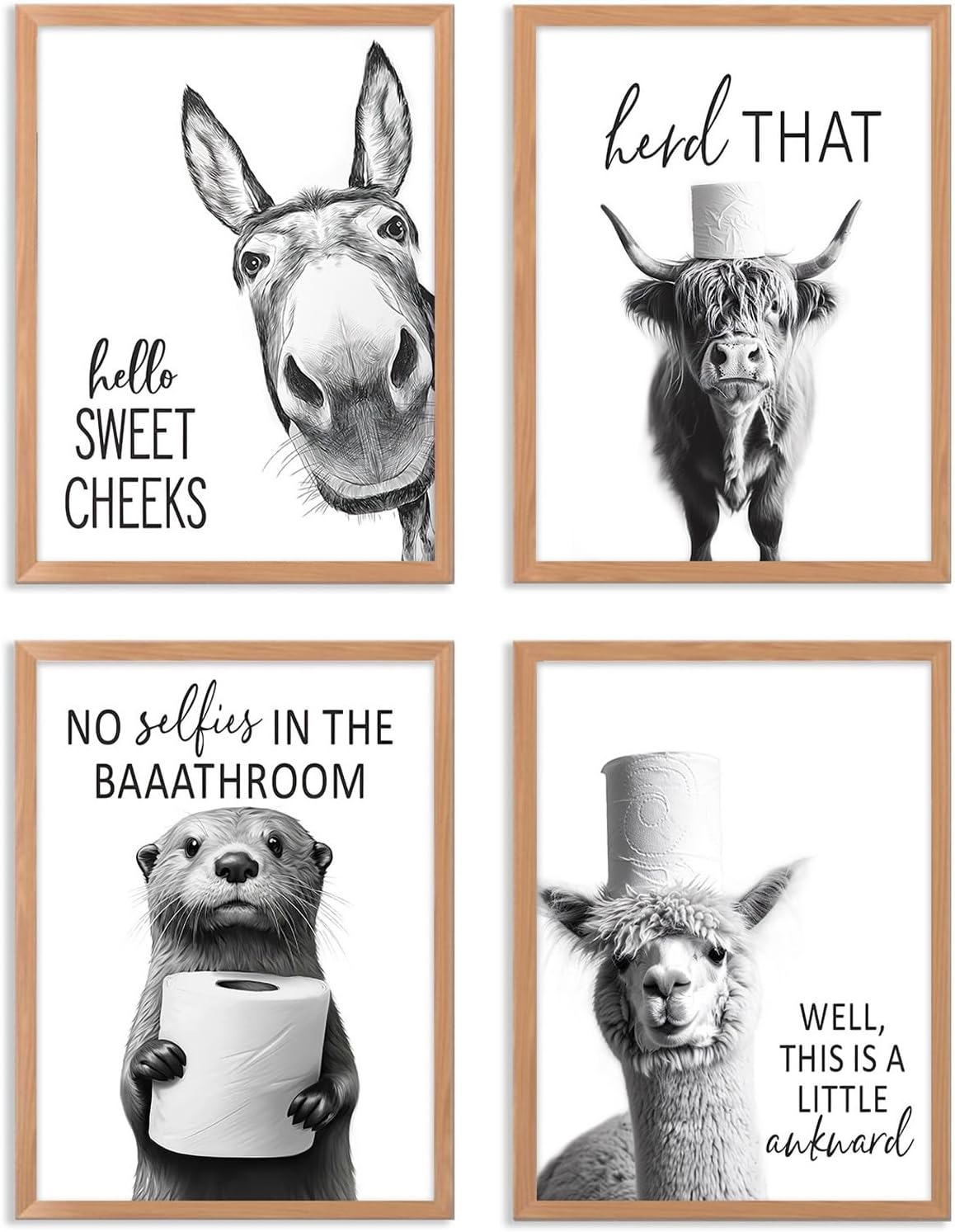Regine Switzerland Funny Bathroom Wall Art - Rustic Black and White Animal Prints | Unframed 8x10" Set of 4