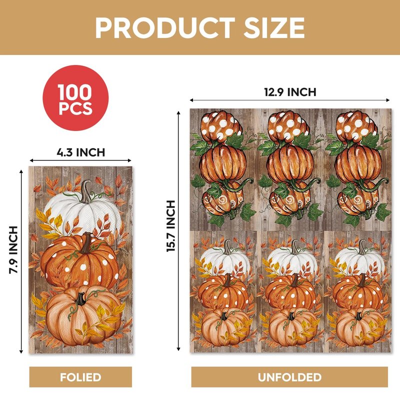 Horaldaily 100 Fall Disposable Paper Decorative Guest Napkins, Pumpkin White Orange Wood Hand Towel for Party Lunch Dinner Kitchen Bathroom