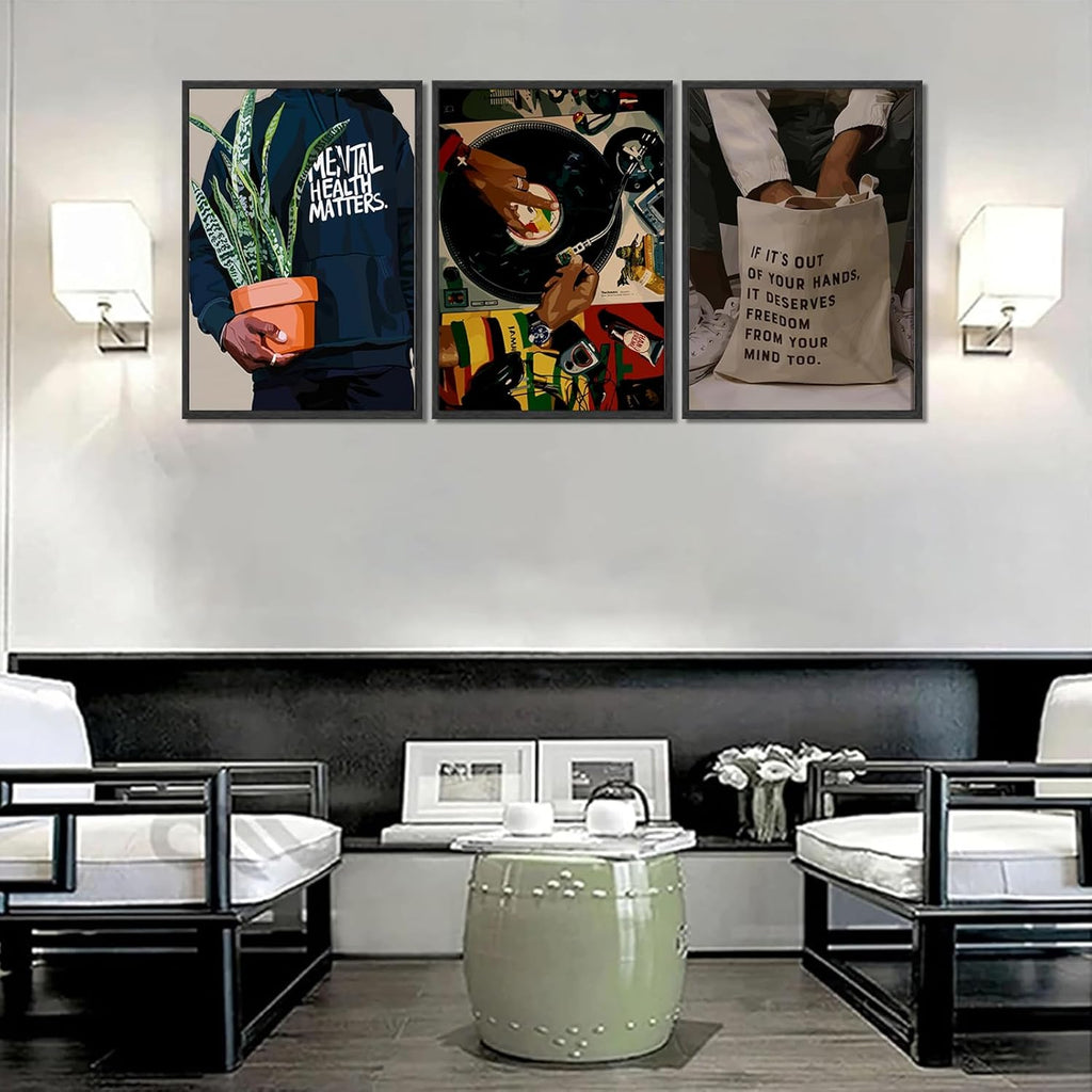Skiennix Black Men Wall Art Set of 3 | Stylish African American DJ Poster Prints - 12x16in Decor
