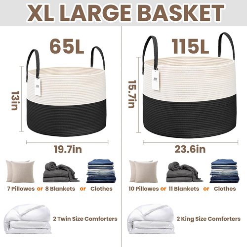 JMvicyroam 65L Extra Large Woven Cotton Rope Blanket Basket - Stylish Storage Hamper for Pillows, Comforters & Toys - Machine Washable, White & Black