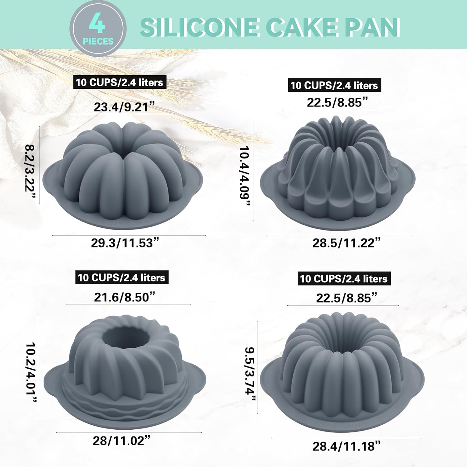Tongjude Silicone Fluted Tube Cake Pans - 4-Piece Non-Stick Baking Set for Cakes & Jello, Grey