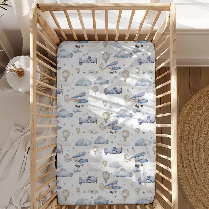 Plane Hot Air Balloons Transportation Pattern Baby Crib Sheet, Unisex Aircraft Clouds Stars Nursery Fitted Crib Bed Sheet for Boys Girls Standard Crib and Toddler Mattress-28x52