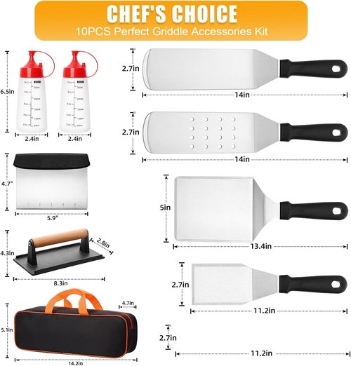 CEKEE Griddle Accessories Kit - 10-Piece Flat Top Grill Set with Smash Burger Press & Spatulas for BBQ Cooking