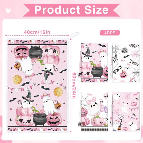 InIsaJace Pink Halloween Kitchen Dish Towels, 4PCS Pumpkin Cute Ghost Boo Hand Tea Towels Set, Spooky Halloween Kitchen Bathroom Holiday Decor Supplies