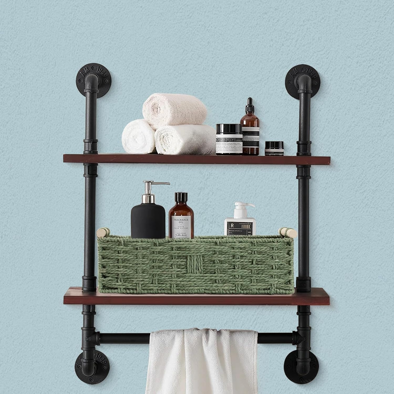 Skiennix Toilet Paper Storage Basket - Decorative Wicker Design with Wooden Handles | Green Paper Rope for Bathroom Decor
