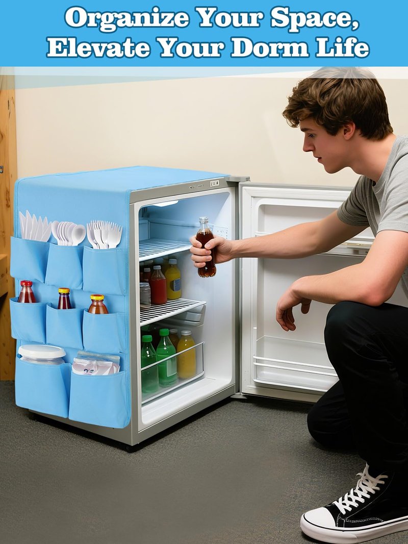 Extended Mini Fridge Caddy Organizer - 55" x 13" Back to School Dorm and Office Over the Fridge Storage Organizer with 12 Pockets for Flatware Drink Paper Goods, College Must Have, Black