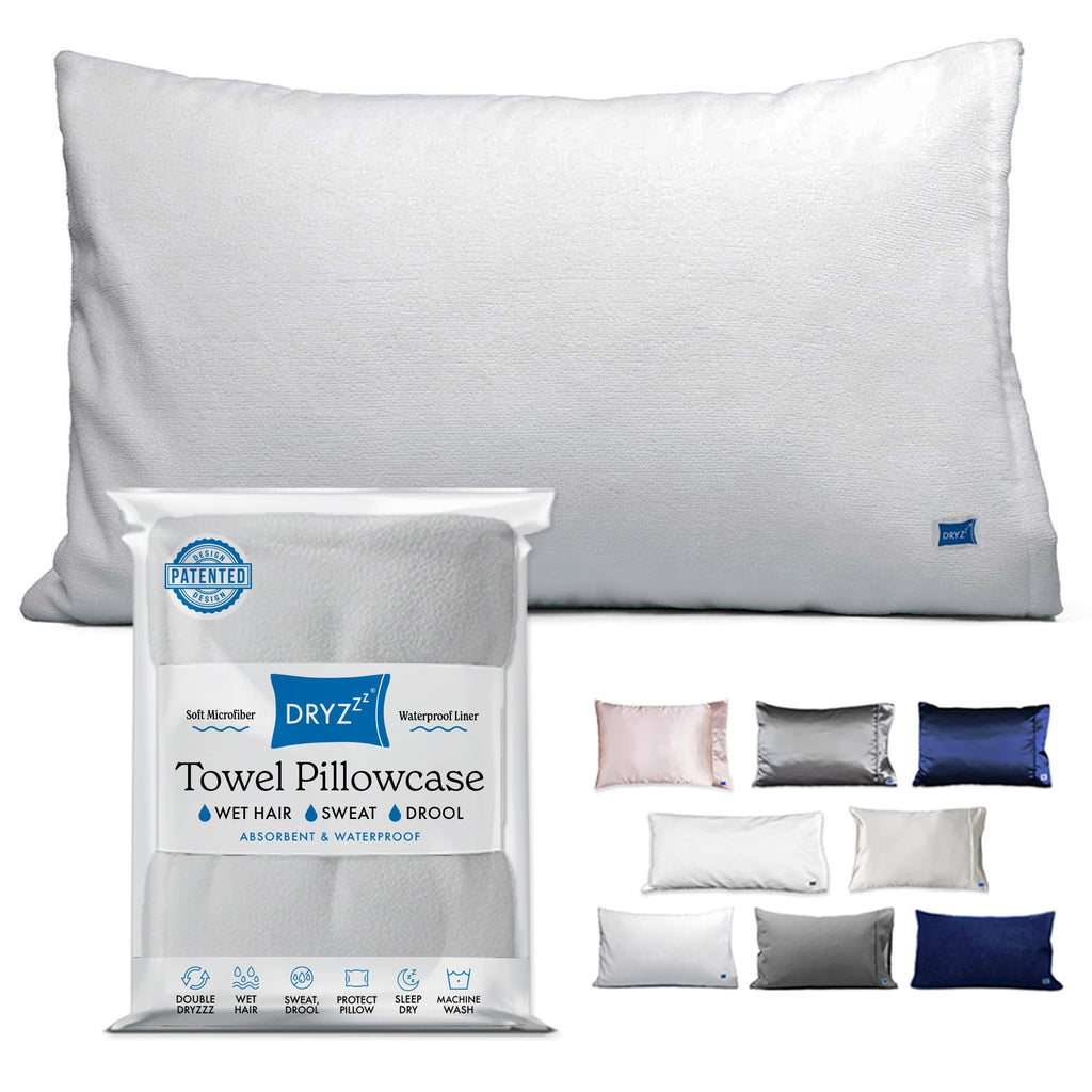 DryZzz Waterproof Pillow Covers | Double Sided Towel Pillowcase for Wet & Dry Hair | Waterproof Pillow Protector Cooling Case 29"x19" White Standard Size, Hair Drying Sweat Proof Pillowcase, 1pc