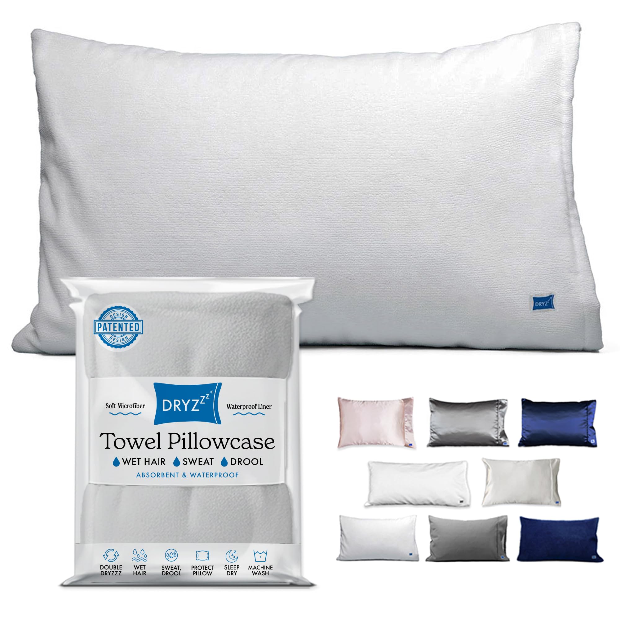 DryZzz Waterproof Pillow Covers | Double Sided Towel Pillowcase for Wet & Dry Hair | Waterproof Pillow Protector Cooling Case 29"x19" White Standard Size, Hair Drying Sweat Proof Pillowcase, 1pc