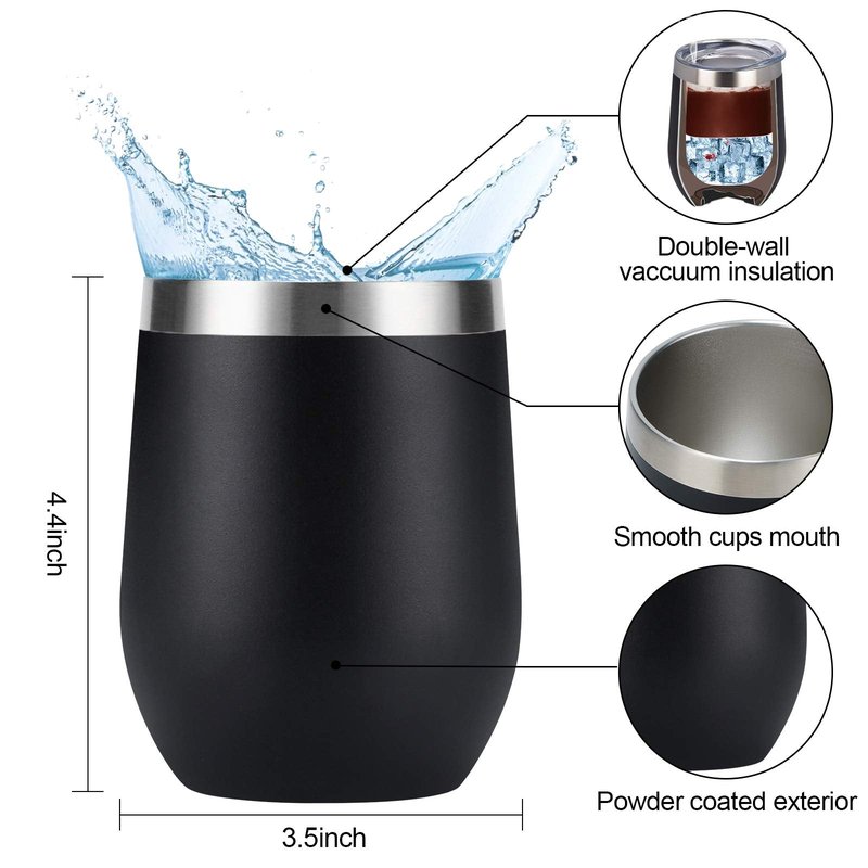 8 Pack 12Oz Stainless Steel Wine Tumblers, Insulated Wine Tumbler, Double Wall Insulated Wine Glass, Stainless Steel Stemless Wine Cups with Lids for Coffee, Wine, Cocktails, Champaign, Black