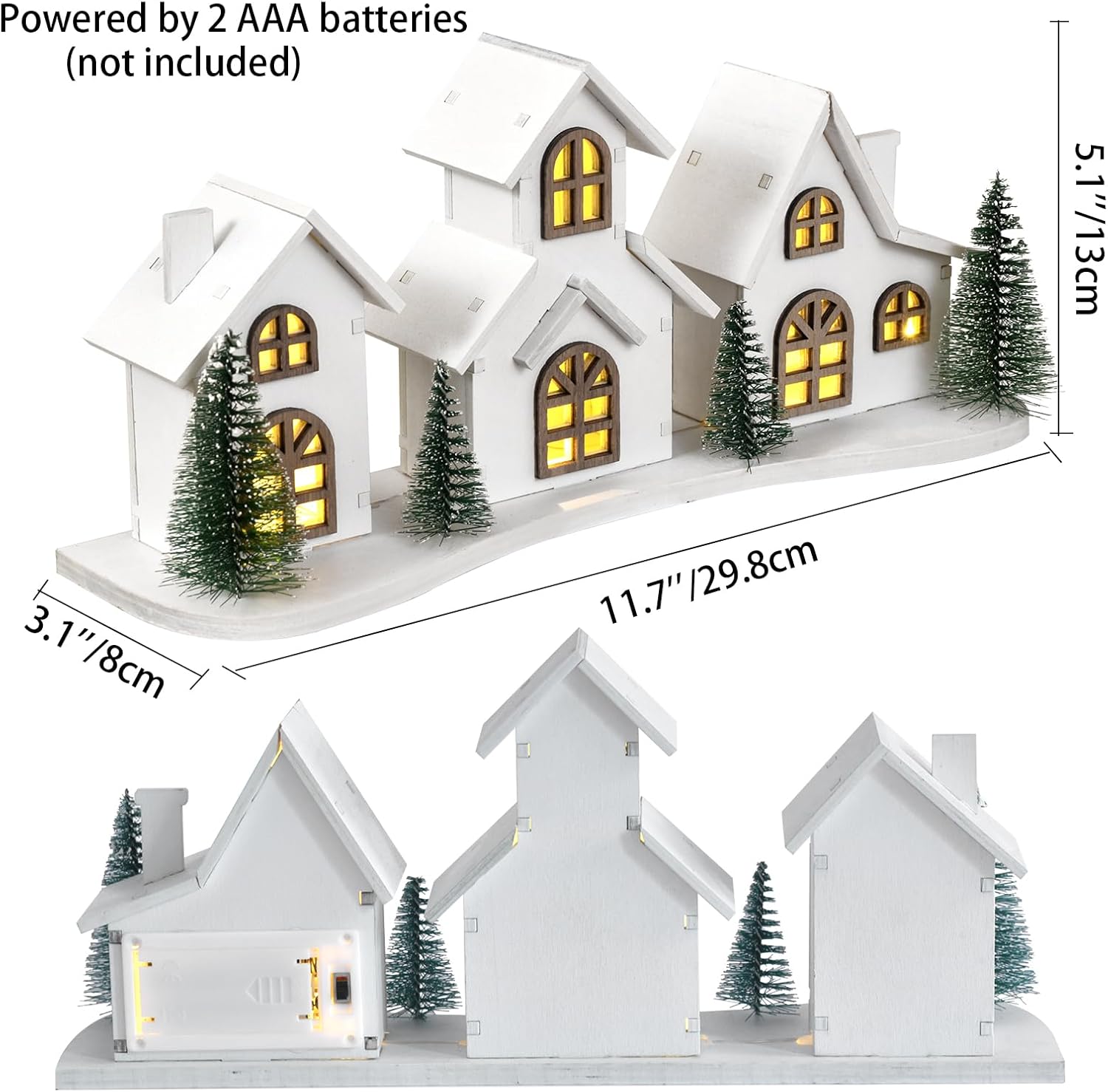 Skiennix White Christmas Village House Decoration - LED Lights & Wooden Centerpiece | Mini Winter Town Tabletop Decor