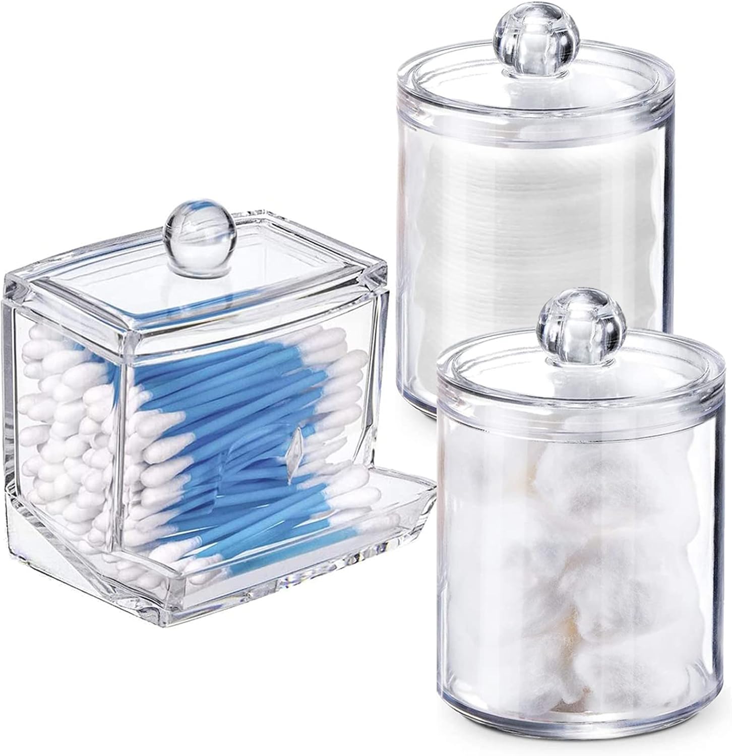 Skiennix Swab Holder Canisters - Clear Plastic Qtip Dispenser with Lid for Cotton Balls & Makeup Pads