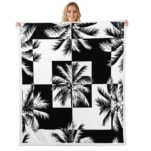 Feelyou Palm Tree Print Sherpa Blanket Tropical Palm Leaf Throw Blanket for Couch Bed Sofa Black White Geometric Square Decor Fleece Blanket Hawaiian Nature Theme Fuzzy Blanket Queen 90"x90"